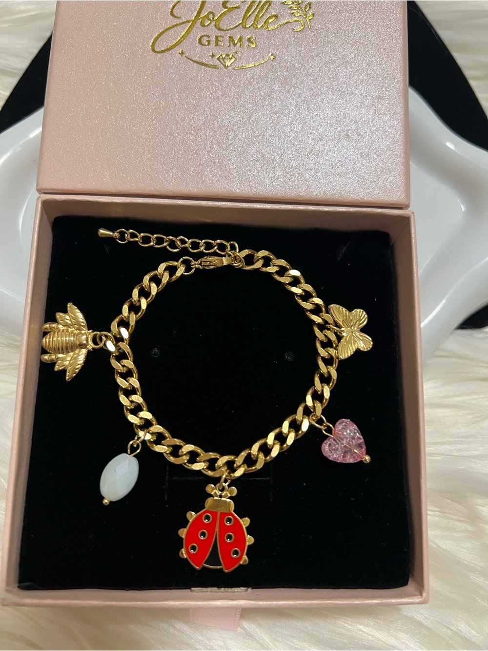 18K Gold Plated Stainless Steel Charm Bracelet with Red Ladybug & Pink Heart